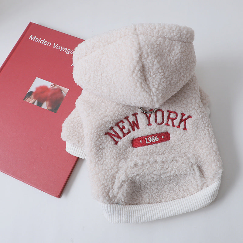 Retro New York Style Embroidered Hoodie With Leash Attachment For Small Dogs