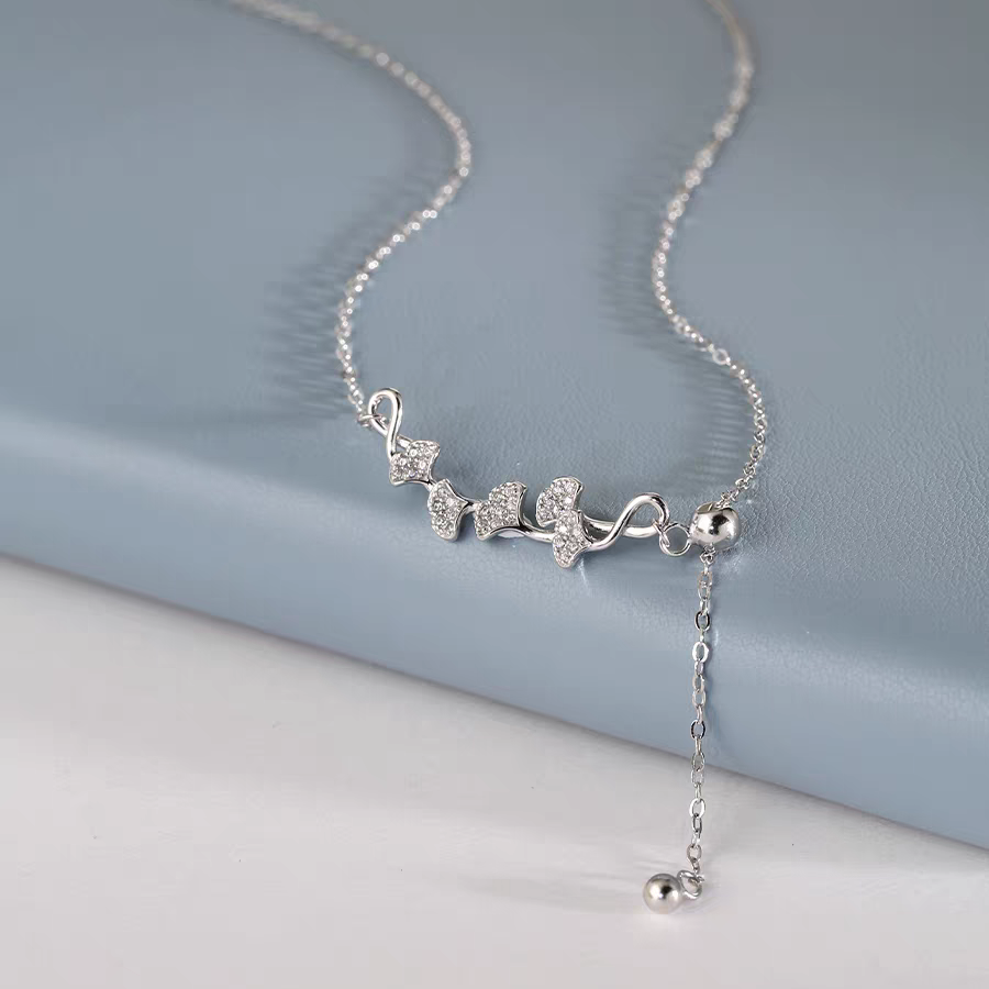 1pc 999 Sterling Silver Diamond-Encrusted Ginkgo Leaf Adjustable Tassel Necklace, Delicate Luxurious Style, Perfect For Daily Wear & Valentine's Gifts