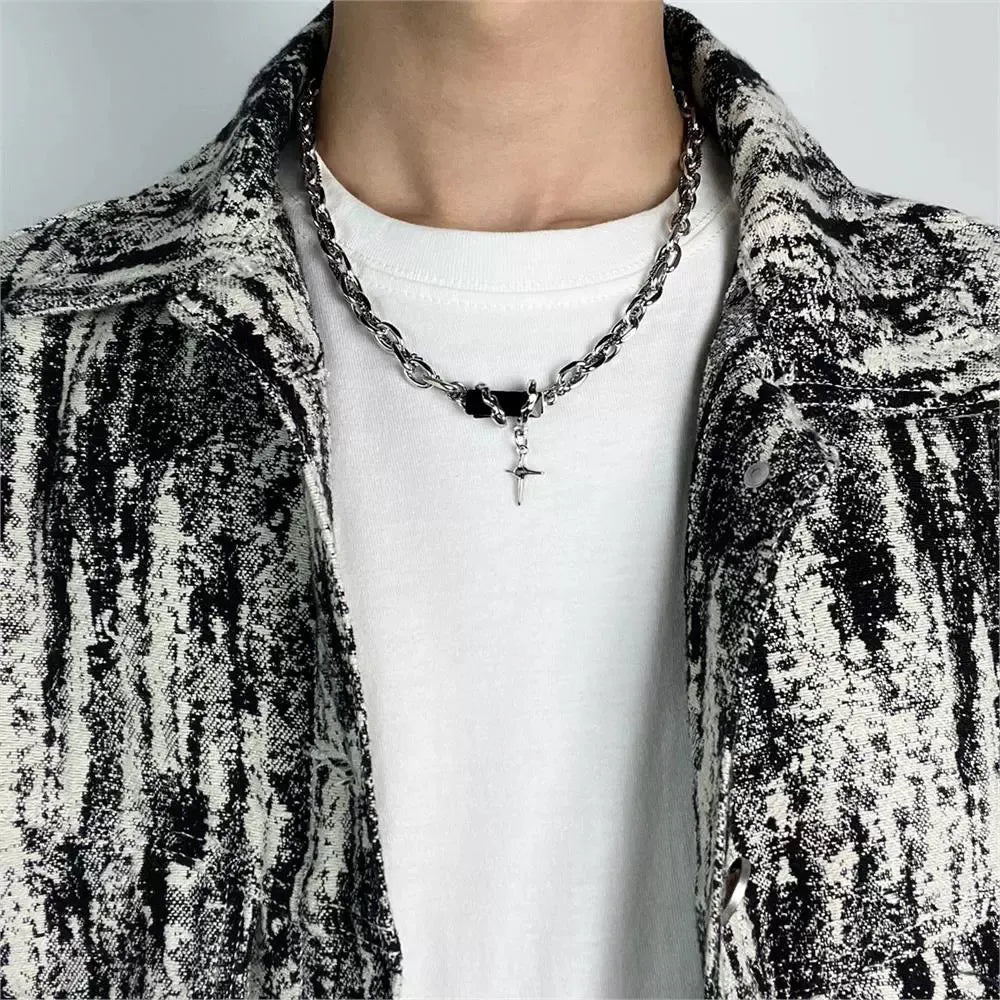1pcs Mixed Link Chain Black Rectangle Stone Star Cross Pendant Necklace, Dark Cool Aesthetic Style, For Men Women Daily Party Wear & Couple Valentine Gifts
