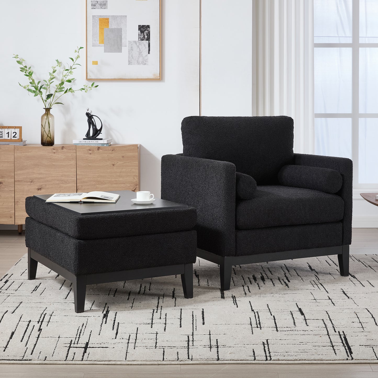 35.4  Wide Farmhouse Performance Upholstered Wood Base Square Accent Arm Chair With Ottoman Black Finish Legs With Reversible Lid Coffee Table For Living Room Office And Lounge,Black Boucle