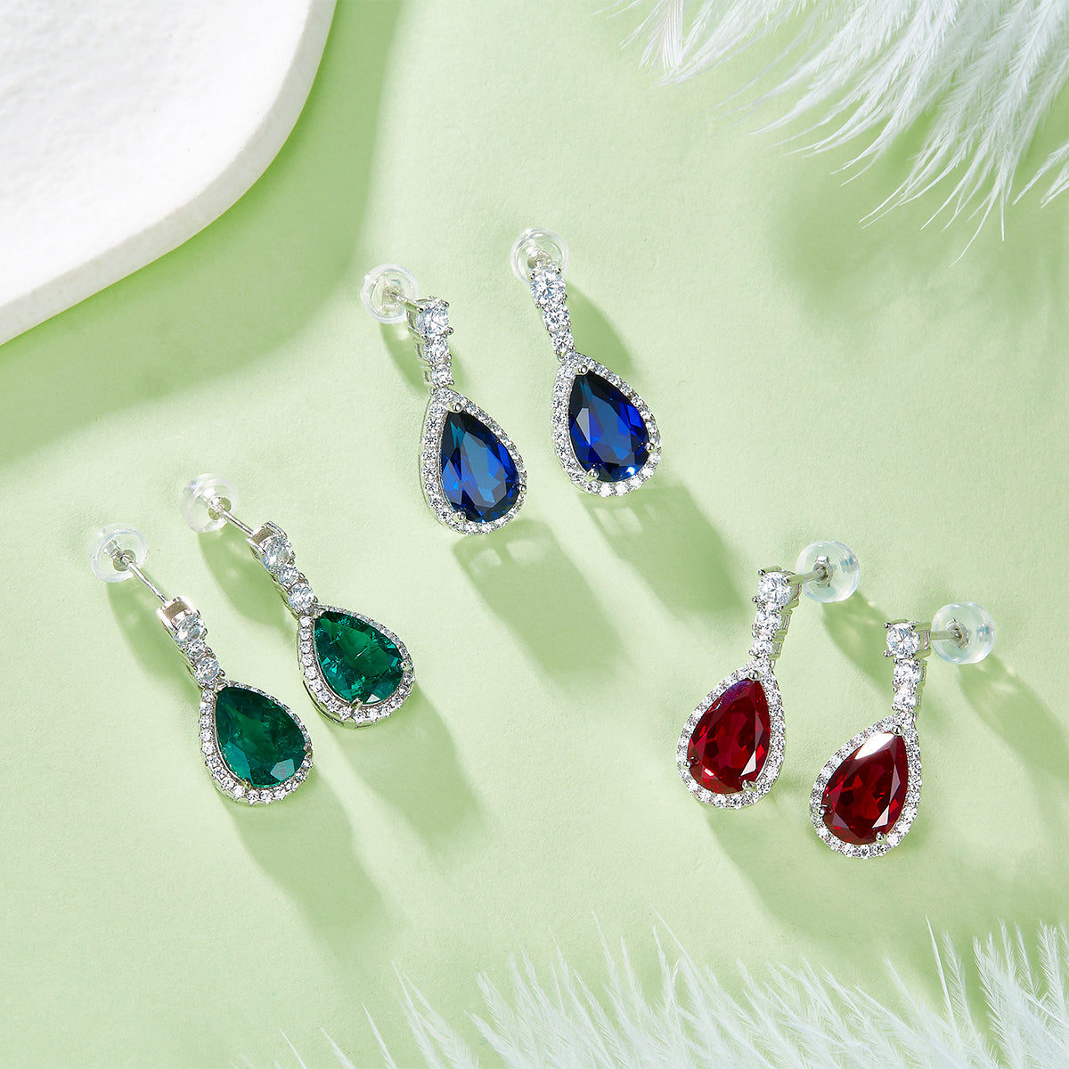 S925 Sterling Silver Teardrop Dangle Earrings, 7x11mm Lab-Grown Ruby Sapphire Emerald With Halo, Platinum Plated 3.2g Women's Jewelry Gift Box