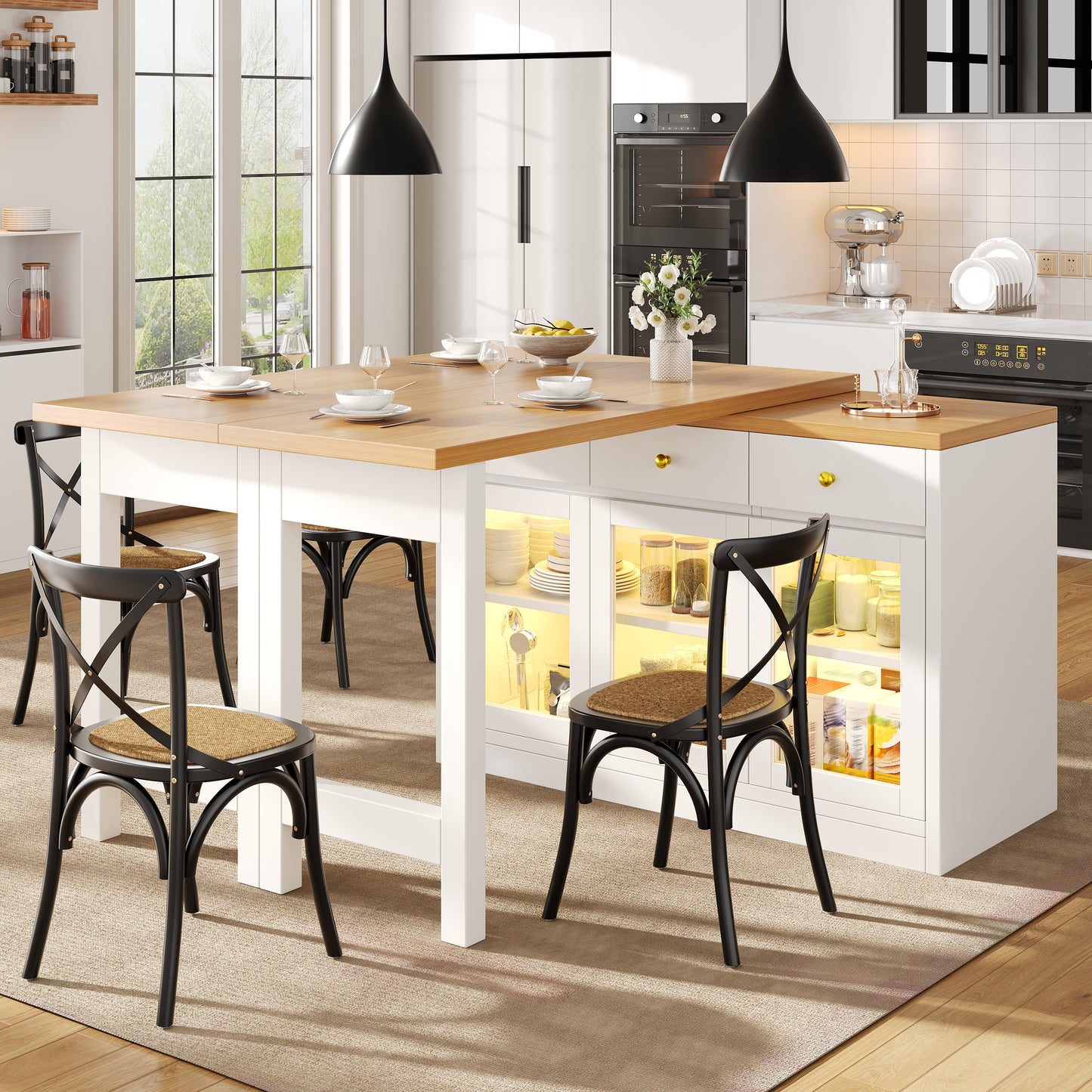 Extendable Kitchen Island With LED Lights, 120-200cm Adjustable Dining Table With Storage, 3 Drawers & Glass Cabinets, White Black