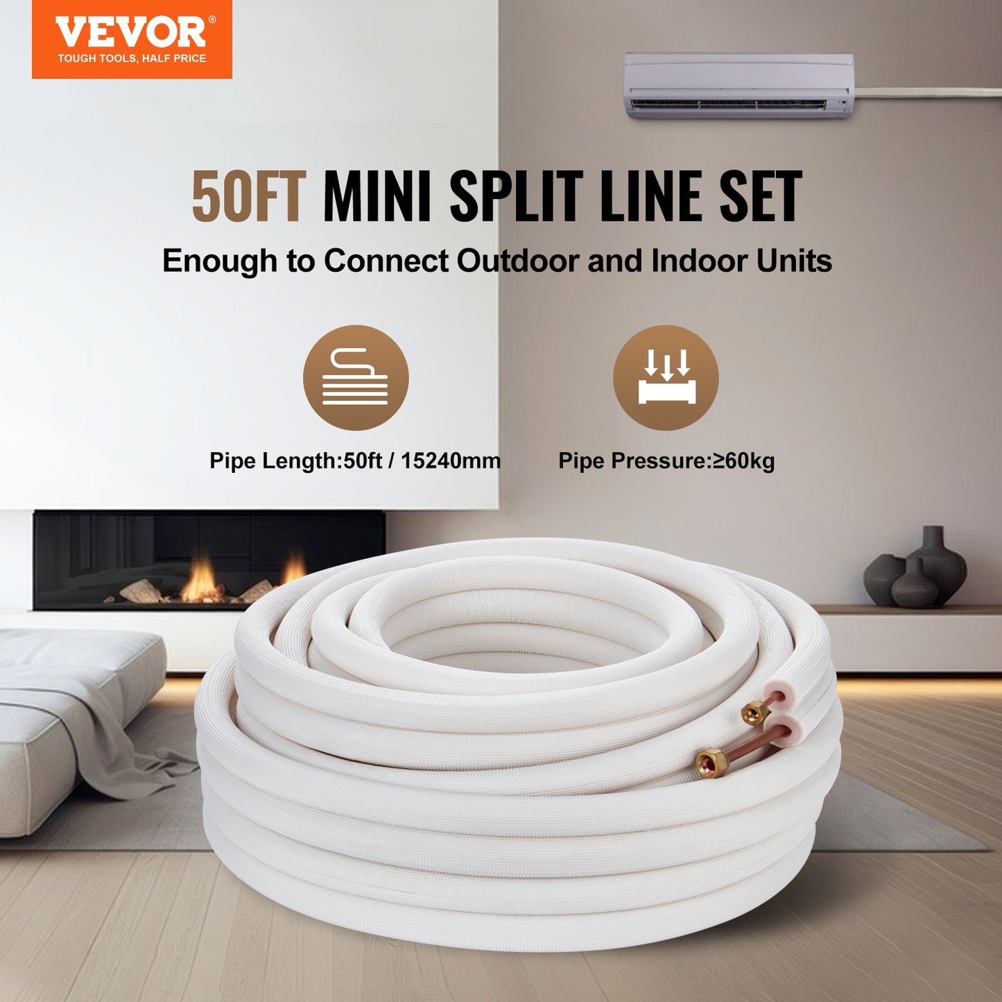 50FT Mini Split Line Set, 1/4" & 3/8" O.D Copper Pipes Tubing And Triple-Layer Insulation, For Mini Split Air Conditioning Refrigerant Or Heating Pump Equipment & HVAC With Wrapping Strips.