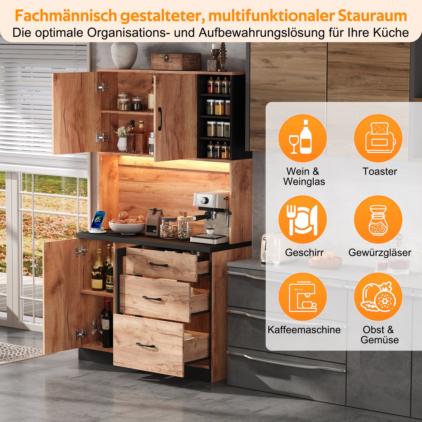 105 X 40 X 180 Cm Modern Kitchen Tall Cabinet, Black And Wood Look With LED Lighting, Adjustable Shelves And Euro-style Socket, Suitable For Kitchens, Dining Rooms, Living Rooms, Etc.
