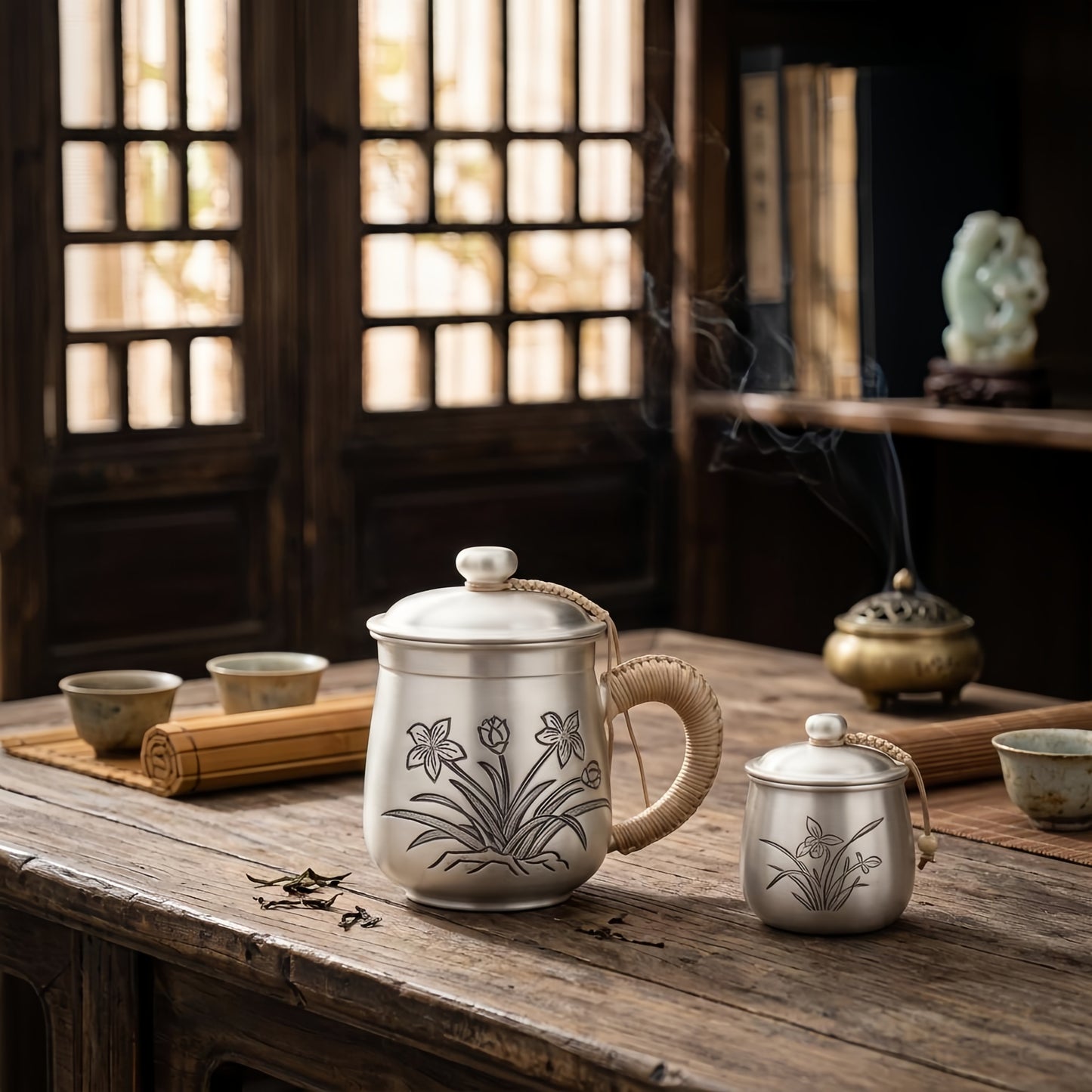 Pure 999 Fine Silver Handcrafted Silver-Tone Tea Mug with Floral Engravings and Woven Rattan Handle - Handicraft