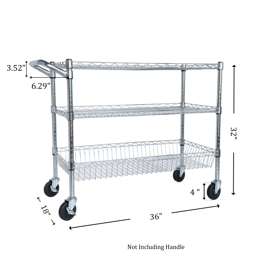 Heavy Duty Rolling Utility Cart,3 Tier Rolling Carts With Wheels,with Handle Bar & Shelf Liners,36inchx18inchx32inchStorage Cart For Kitchen,Restaurant,Plant Display,Chrome