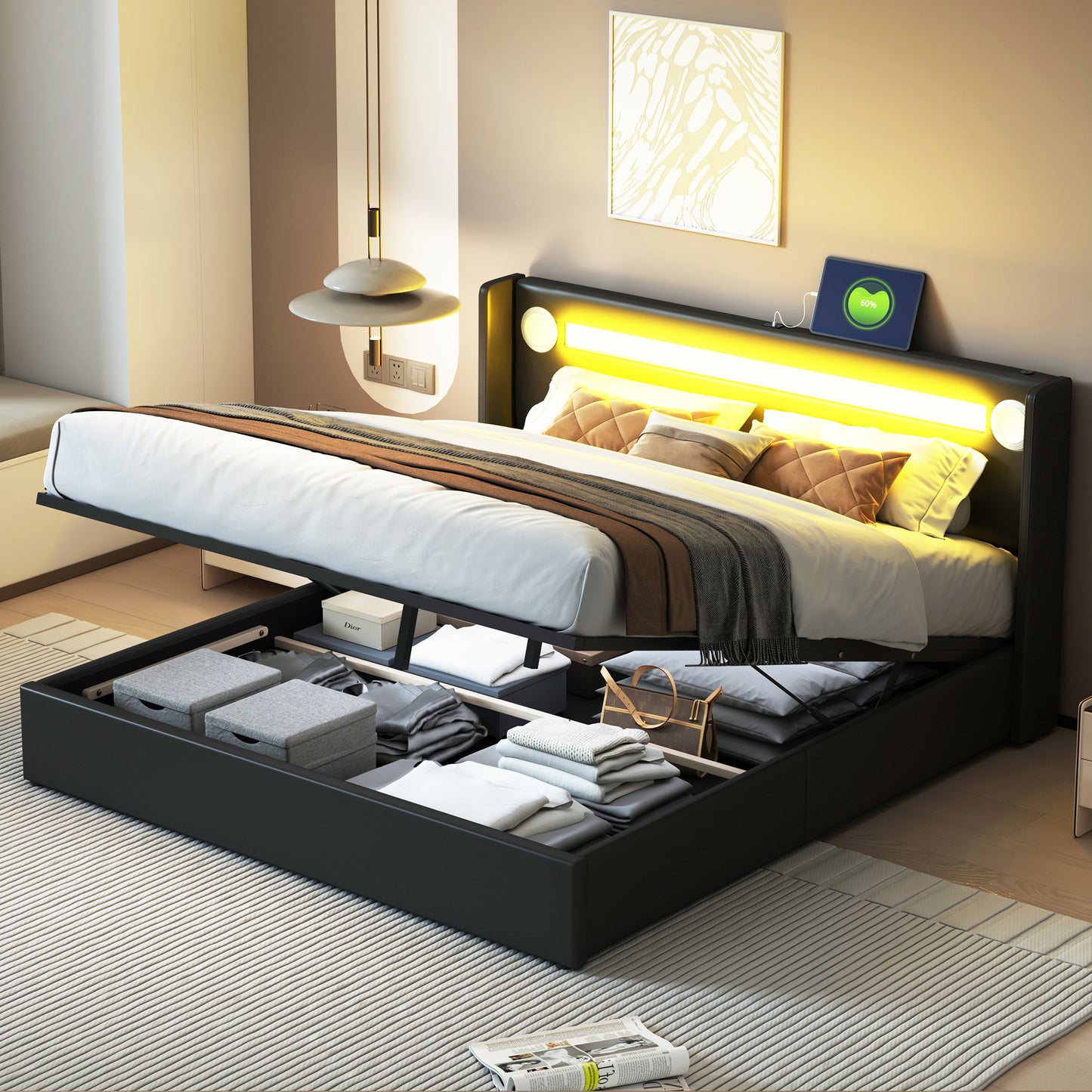 Upholstered Bed 160x200 Bed With LED Light Strip, Bluetooth Player And USB Charging, Storage Bed Made Of PU Leather, Loft Bed Box, Double Bed With Slatted Frame Black