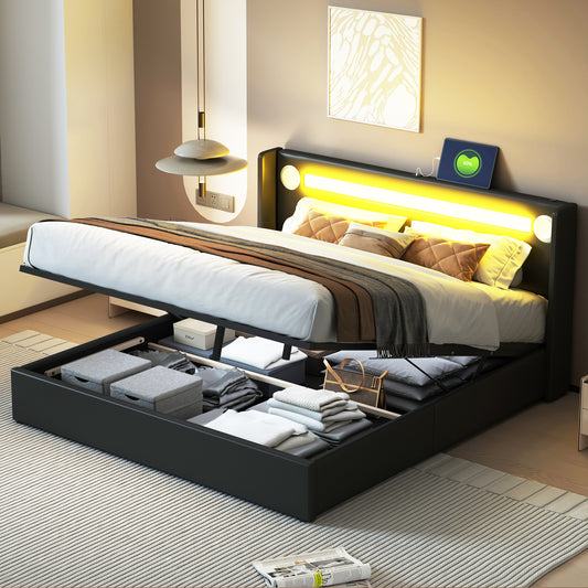 Upholstered Bed 160x200 Bed With LED Light Strip, Bluetooth Player And USB Charging, Storage Bed Made Of PU Leather, Loft Bed Box, Double Bed With Slatted Frame Black
