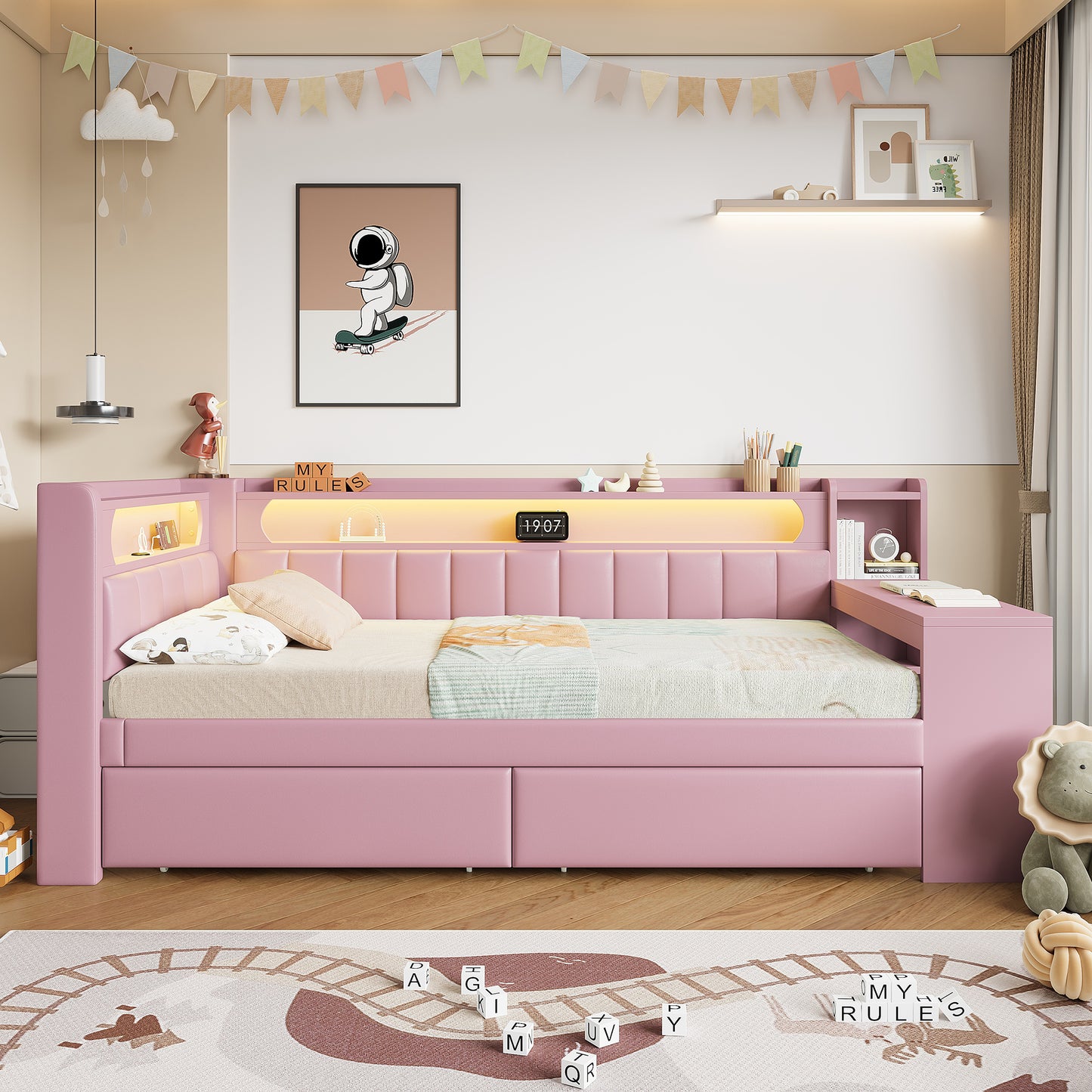 Padded 90x200 Daybed With USB Ports And LED Belt, With Desk And 2 Drawers, Pink