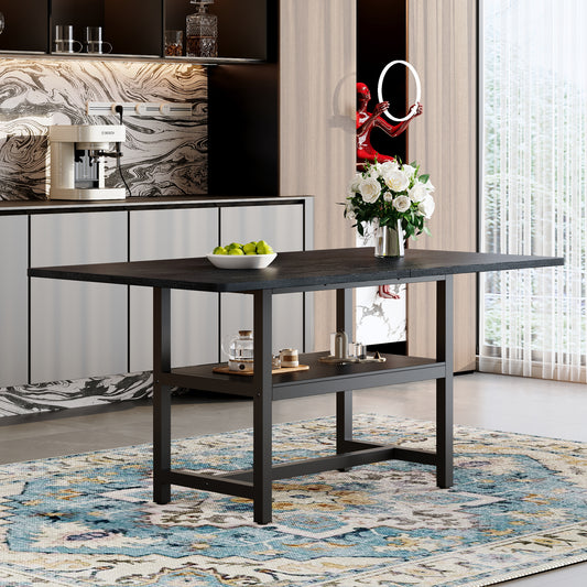 Black Rectangular Dining Table In Industrial Design, 160x90x76 Cm, For 4-6 People, With Multifunctional Storage Shelf, Suitable For Living Room, Kitchen And Dining Area.