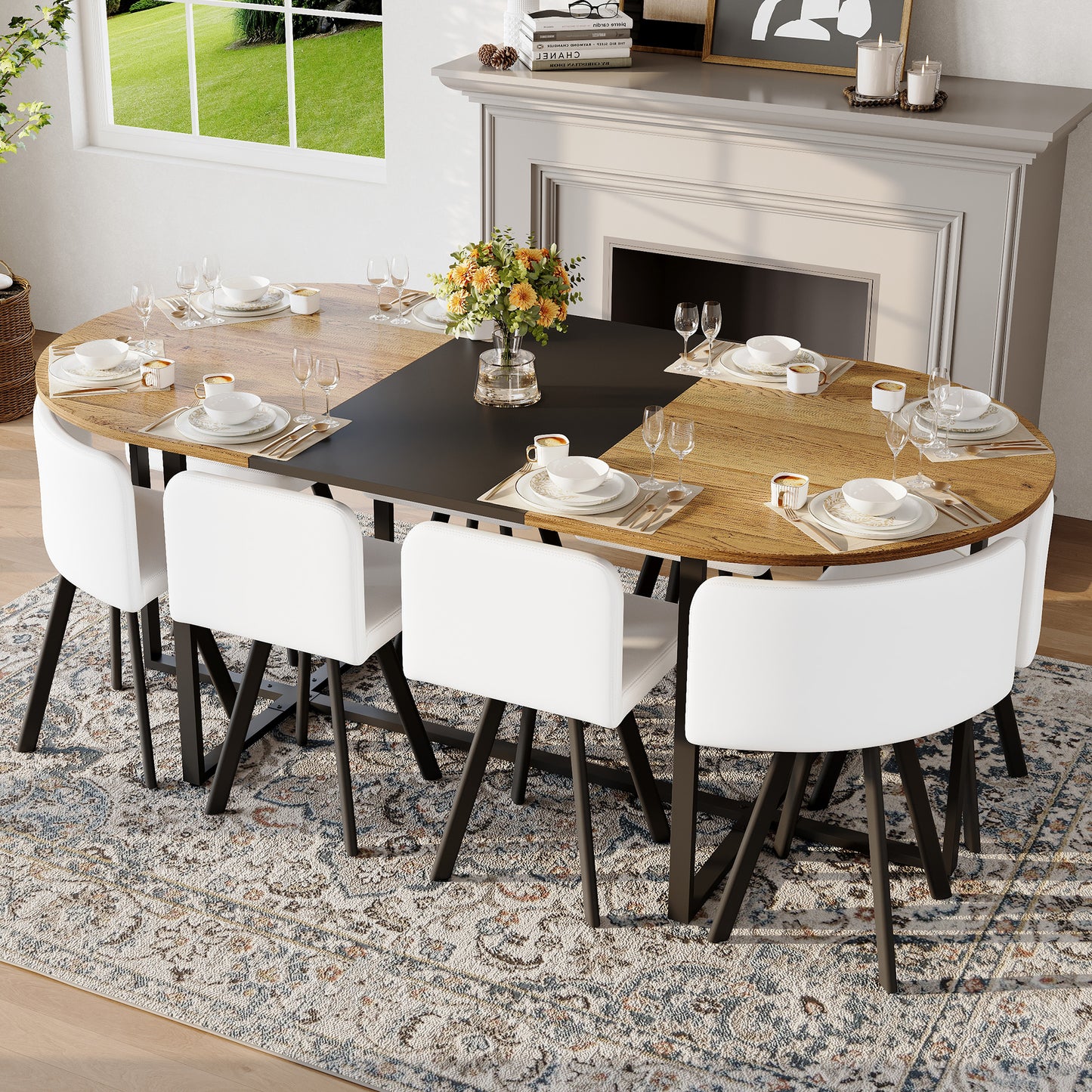 9-Piece Oval Dining Table Set, Fixed Two-Tone Wood Grain & Black Wood Grain Triamine Tabletop With 8 White PU Leather Chairs, Modern Kitchen Table Set For 8 People, Ideal For Family Gatherings