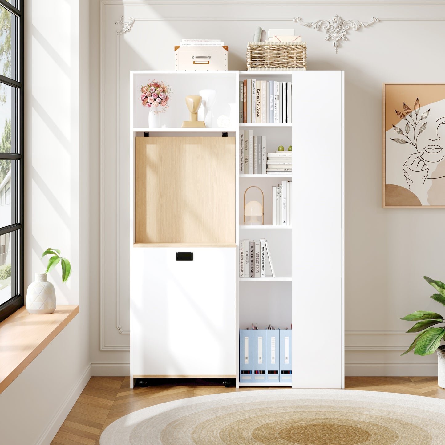 Foldable Desk With Shelves-2-in-1 Bookshelf And Desk, Foldable, With Socket And USB Port, Height-adjustable Shelves, Anti-tilt, White-desk,corner-desk-right