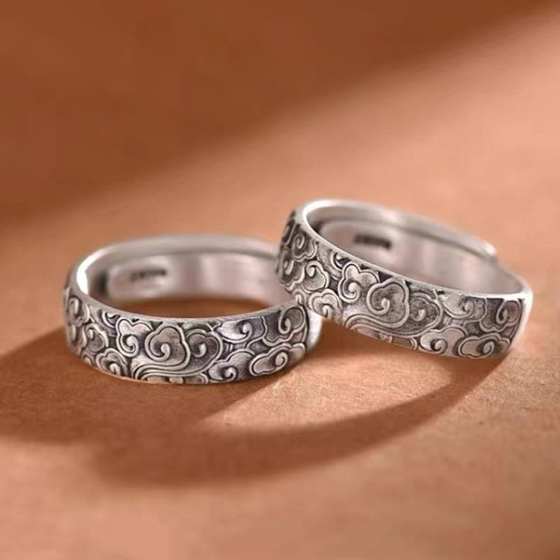 1 Pair 999.9 Sterling Silver Vintage Cloud Open Couple Rings, Retro Chinese Style, Perfect For Daily Wear & Valentine's Day Gift