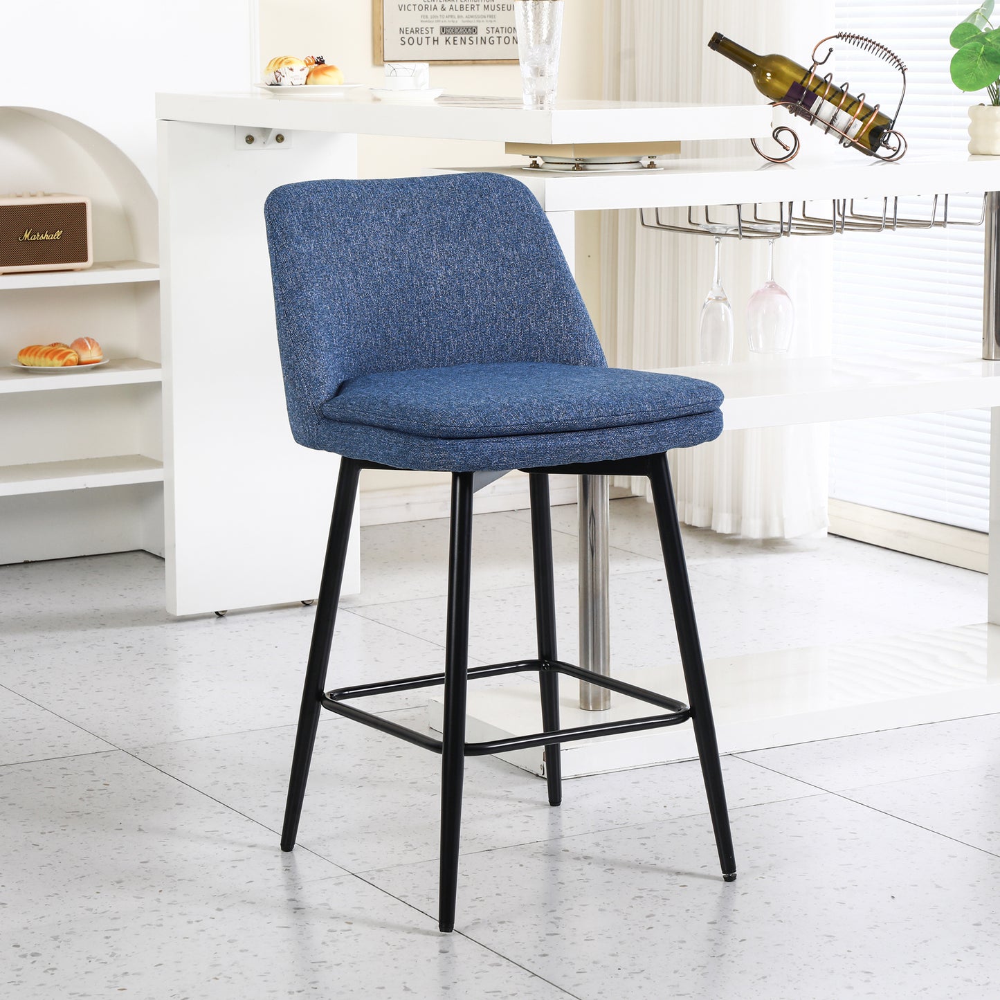 Counter Height Swivel Bar Stools Set Of 2, 360 Swivel Upholstered Barstools With Back And Metal Legs, 25.6 Seat Height,Counter Stools For Kitchen Island And Pub,Linen Cloth,Blue Linen