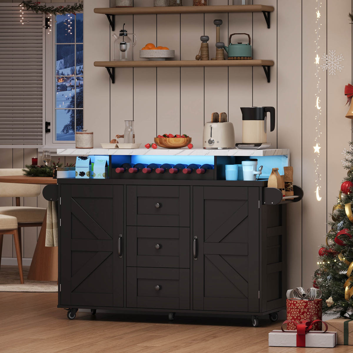 Mobile Kitchen Island With Folding Worktop, Kitchen Trolley, 5 Wheels, Door Shelf, Wine Rack And Glass Holder, 120x42x93cm