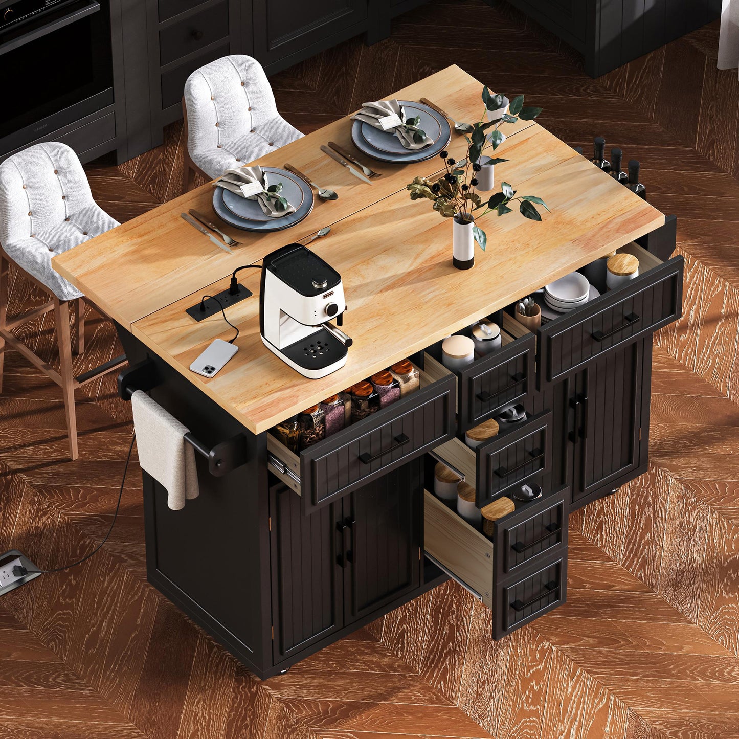 K&K 56.5   Kitchen Island With Drop Leaf, Power Outlet, Embossed Vertical Stripe Rolling Kitchen Cart On Wheels With 4 Doors , 5 Deep Drawers And Adjustable Shelves, For Kitchen, Dining Room, Black