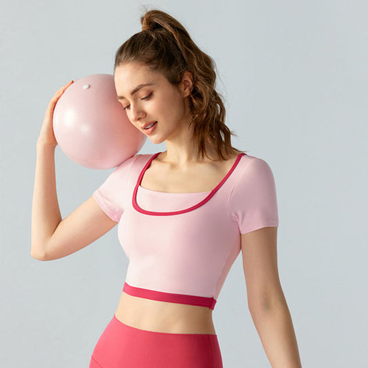 Women's Contrast Color Yoga Clothes Short Sleeve Chest Pad Fitness