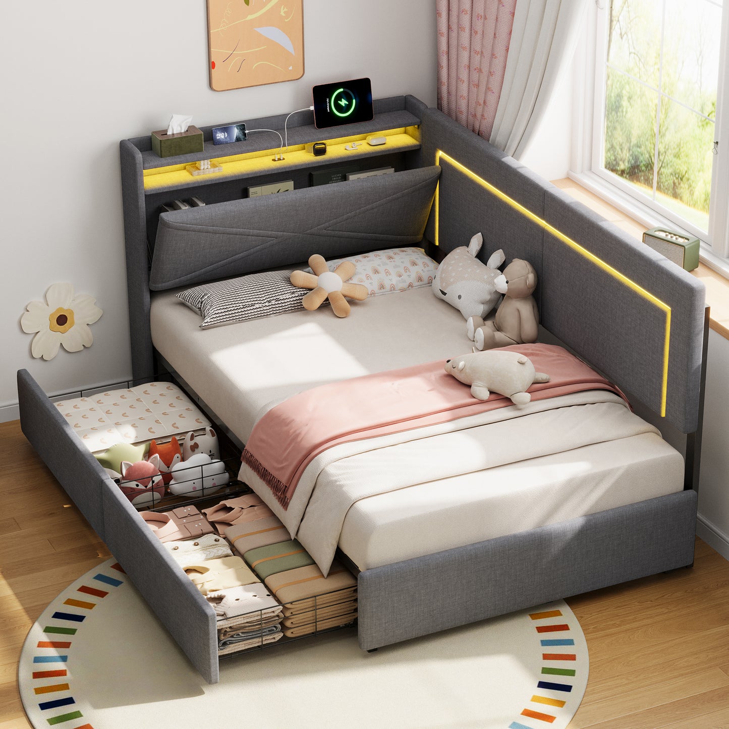 3ft Single Daybed With Two Storage Drawers, LED Concealed Headboard Storage With Charging Station, Modern Linen Sofa Bed For Living Room Bedroom Study Room, 90X190cm, Grey  No Mattress