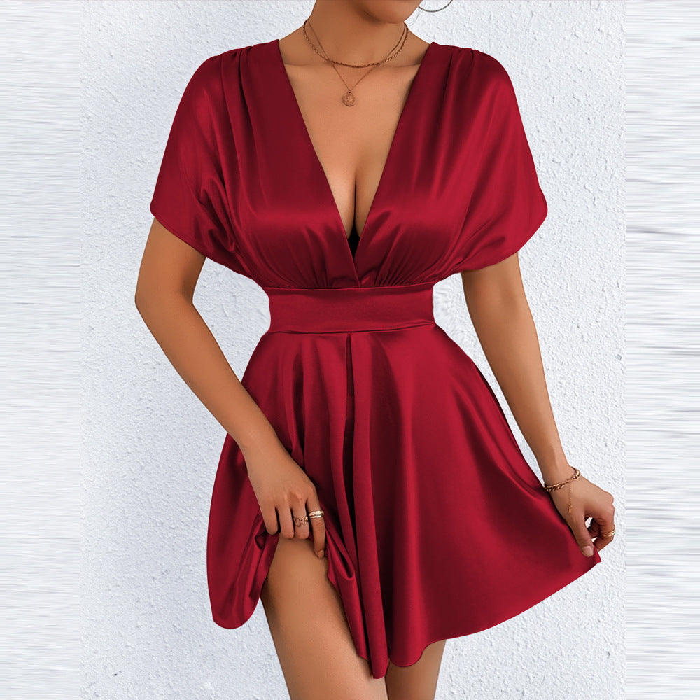 New Womens Summer V-neck Elegant Low-cut Fashionable Waist-cinching Dress