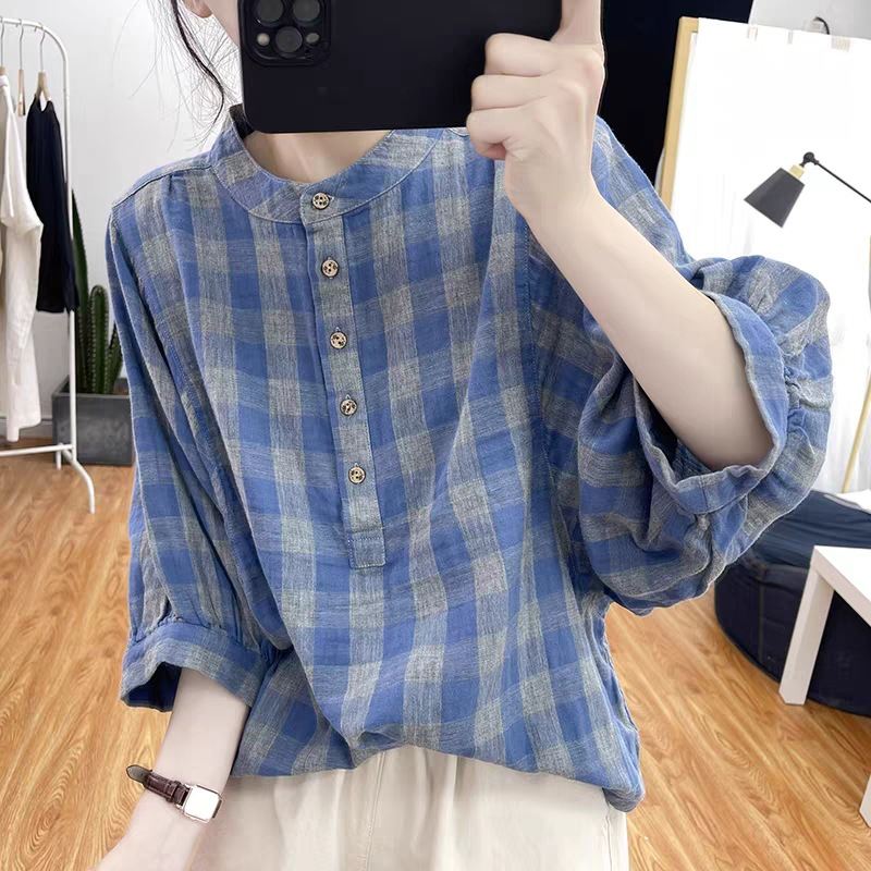 Summer Japanese-Korean Style New Thin Blue-and-white Small-check Shirt