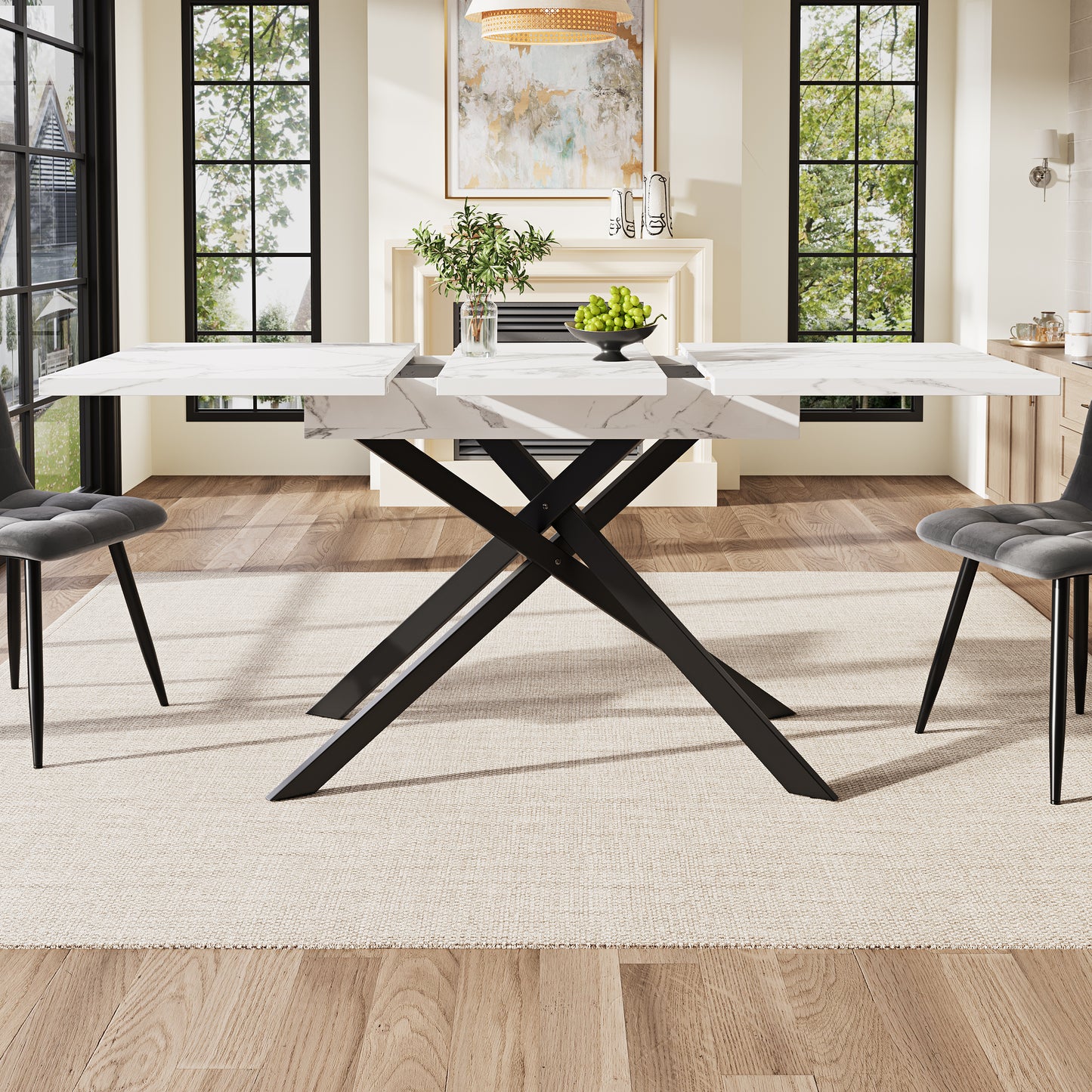 Telescopic Dining Table  120-160cm   ,Extendable Dining Table ,Space Saving Kitchen Table,Black Crossed Iron Legs,For Kitchen And Living Room,White Marbled Dining Table