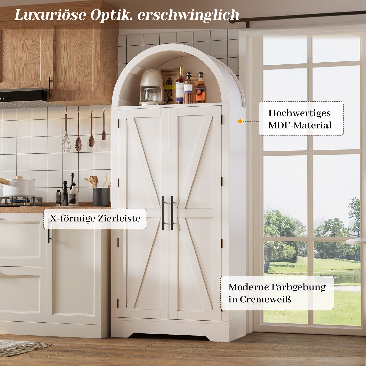 170x70x35cm High, Arched Cabinet, Kitchen Cabinet, Display Case, Wine Cabinet, With Storage Above The Door And Open Top Part, Suitable For Kitchen, Dining Room, Living Room And Bedroom White