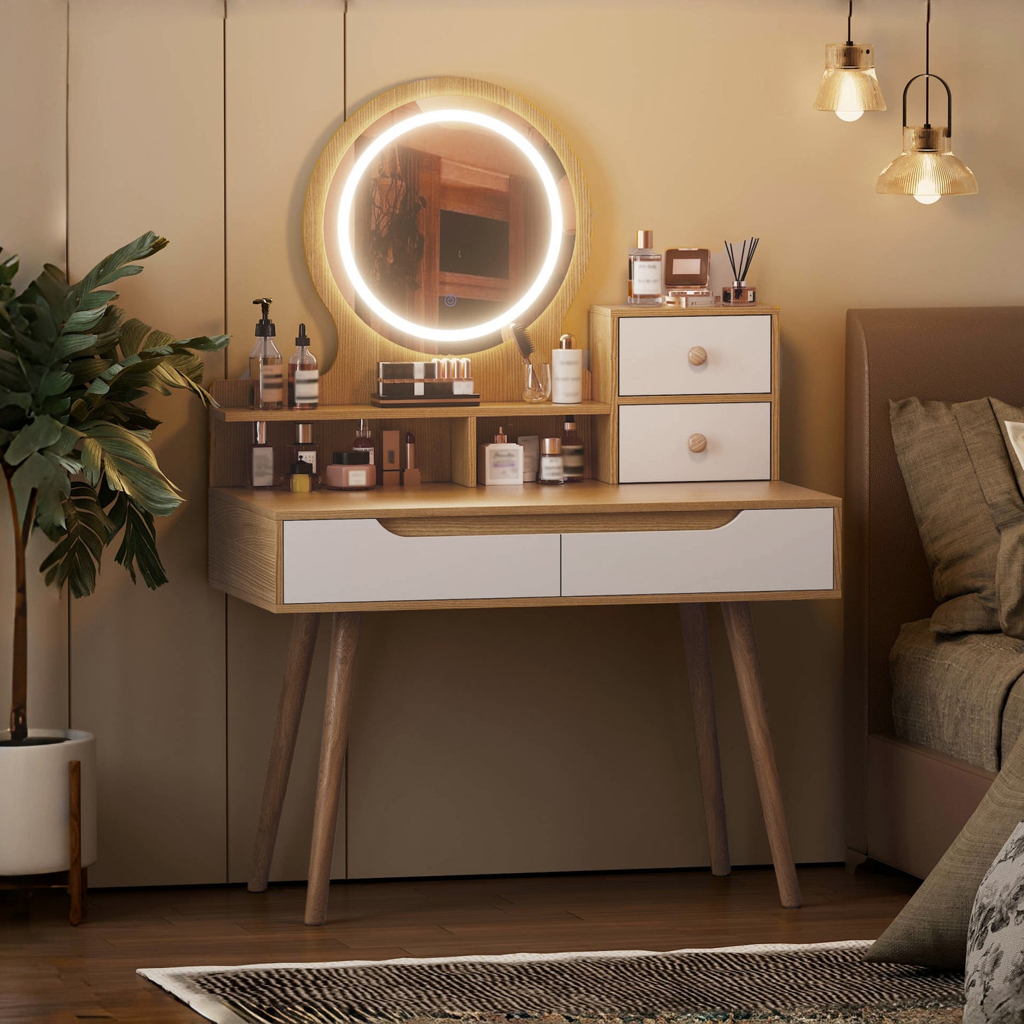 Makeup Vanity Desk With 3 Adjustable Lighted Mirror With Solid Wood Table Feet , Dressing Table Set With 4 Drawers And 3 Open Shelves  For Small Space Bedroom