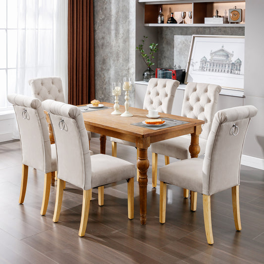 Velvet Dining Chairs Set Of 6 With Oak Legs, Knob, Chrome Knocker Bedroom Chair Kitchen Chair Living Room Lounge Leisure Chair, Beige