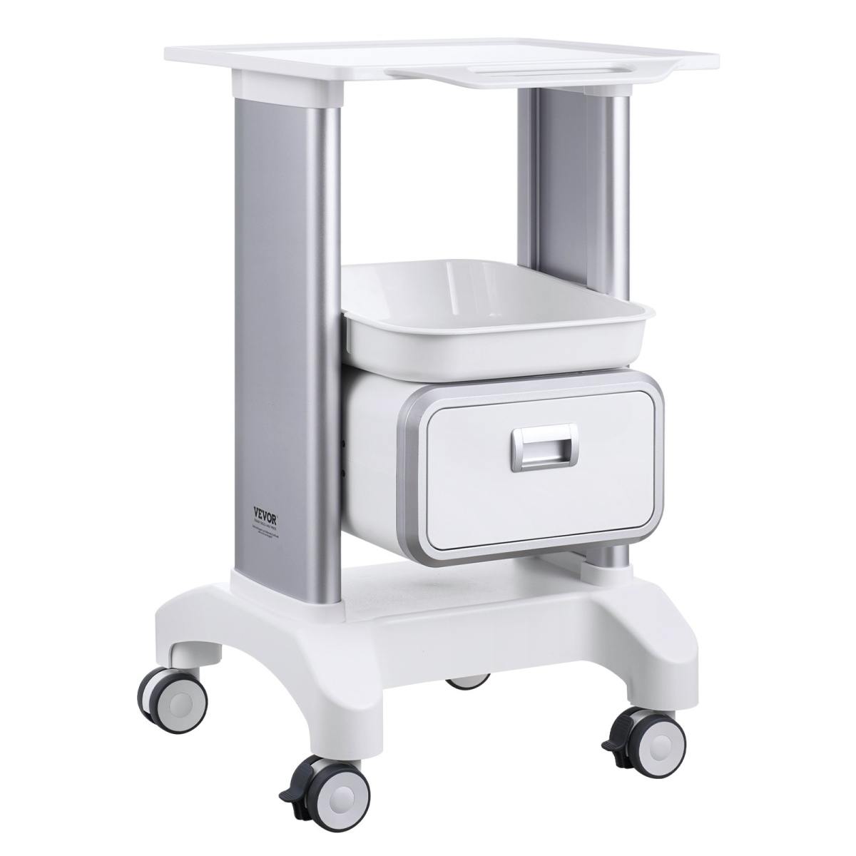 2 Tiers Lab Carts Mobile Medical Cart With 1 Drawer & 1 Top Tray White, Trolley Storage Cart With ABS Material, Lab Rolling Cart With 4 Silent Wheels For Lab, Clinic, Hospital, Salon, Office