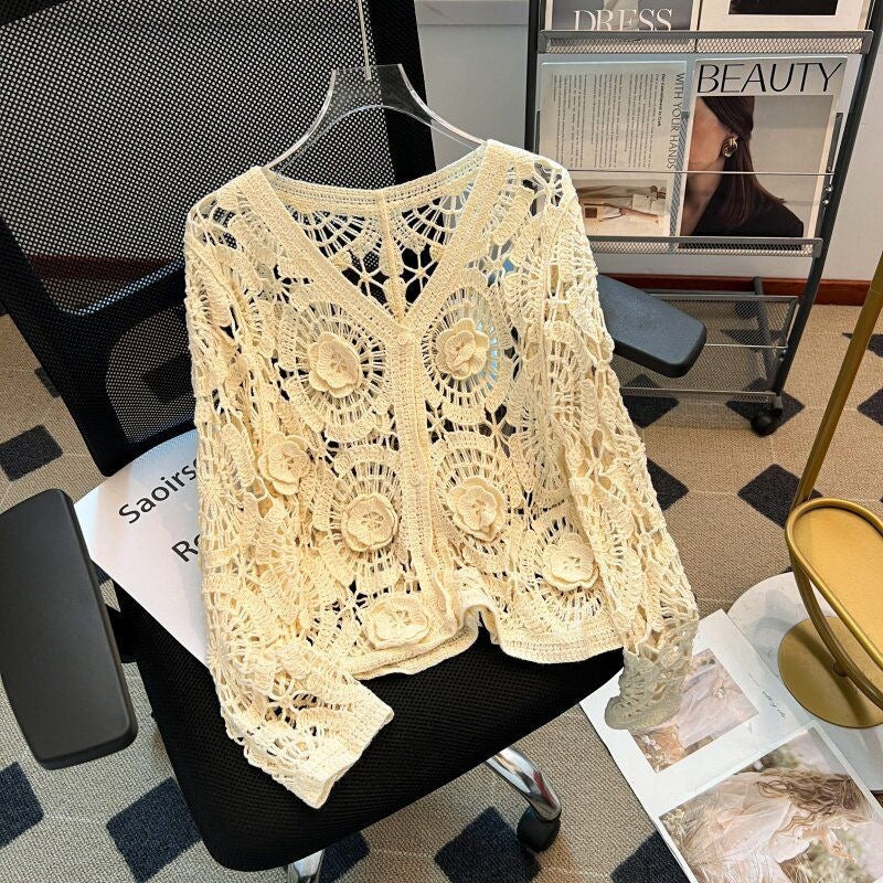 Crochet Hollow-Out Neck Knitted Cardigan Coat Womens New Arrival Top