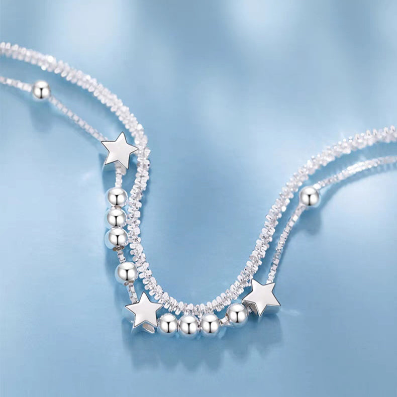 1pc 999 Sterling Silver Double-Layer Star & Crystal Bracelet, Delicate Luxurious Style, Perfect For Daily Wear And Valentine's Gift