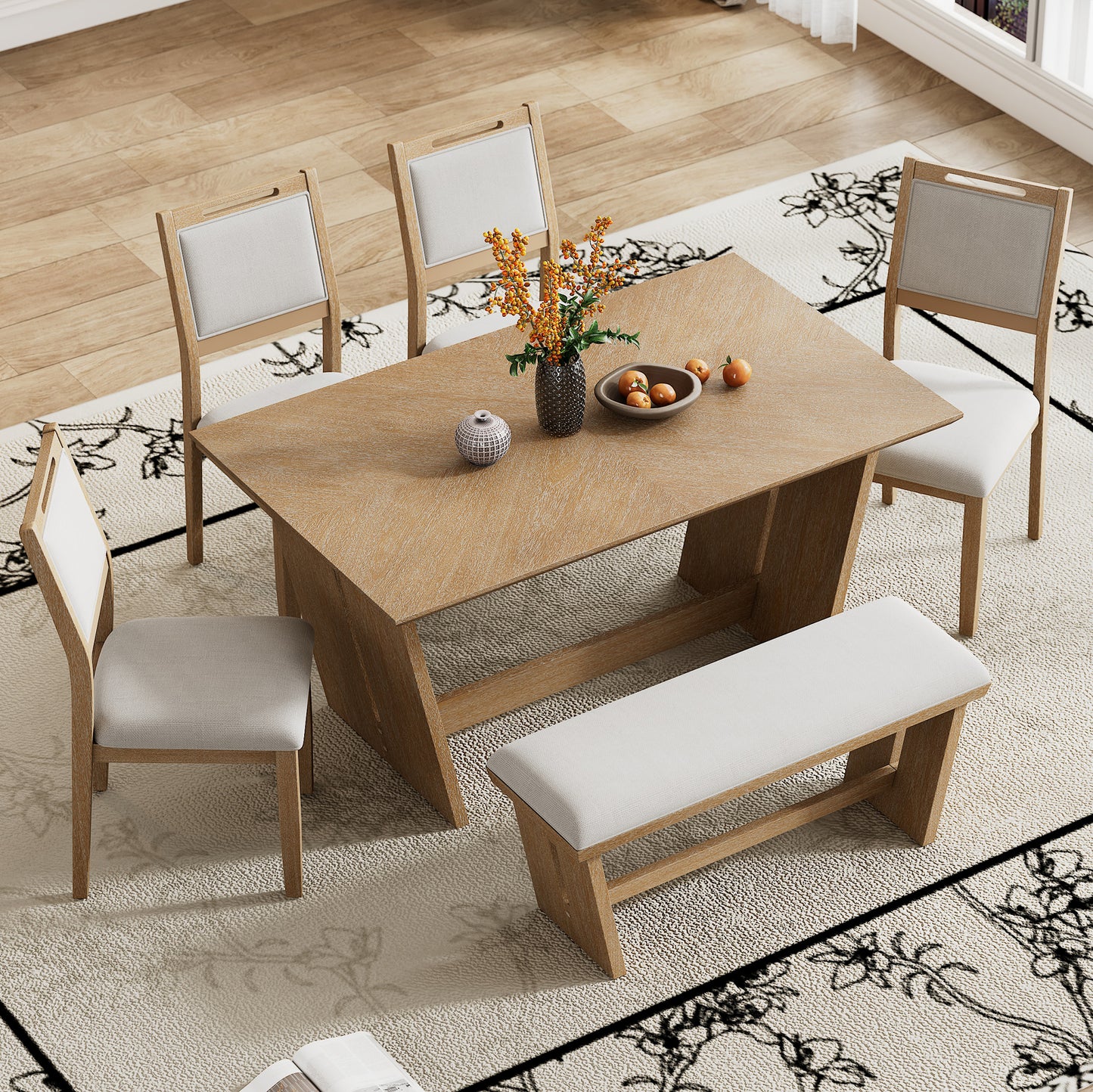 TREXM 6-Piece Retro Dining Table Set For 6  60 Wood Kitchen Table And Chairs Set Of 4 With Bench Designed Trestle Base For Kitchen & Dining Room  Natural Wood Wash