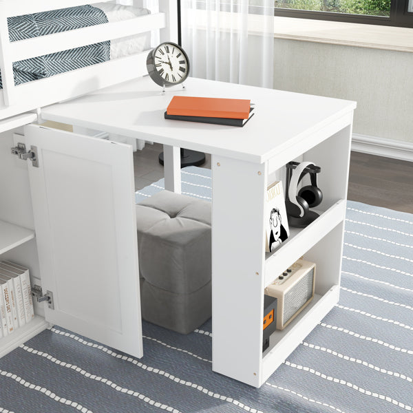 Twin Loft Bed With Storage Cabinet, Drawer And Shelf Cabinet And Pulling-Out Desk, Rubber Wood Loft Bed With Safety Guardrail, Ladder,White