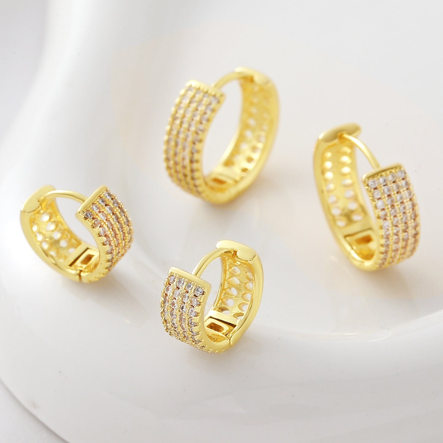 Gold Plated Copper Geometric Wide Hoop Earrings, Four Rows Inlaid Zircon, Minimalist Fashion Luxury Ear Jewelry