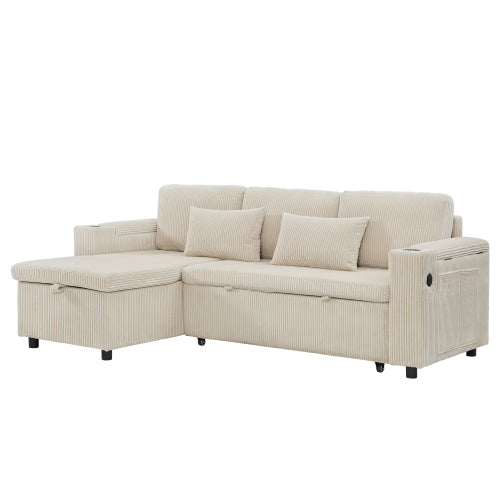 3 In 1 Convertible Corduroy Sofa Bed With Storage Chaise, L Shaped Sleeper Sofa Couches With Armrest Storage And Charging Station. Pullout Sectional Daybed For Living RoomBedroomOffice, Grey