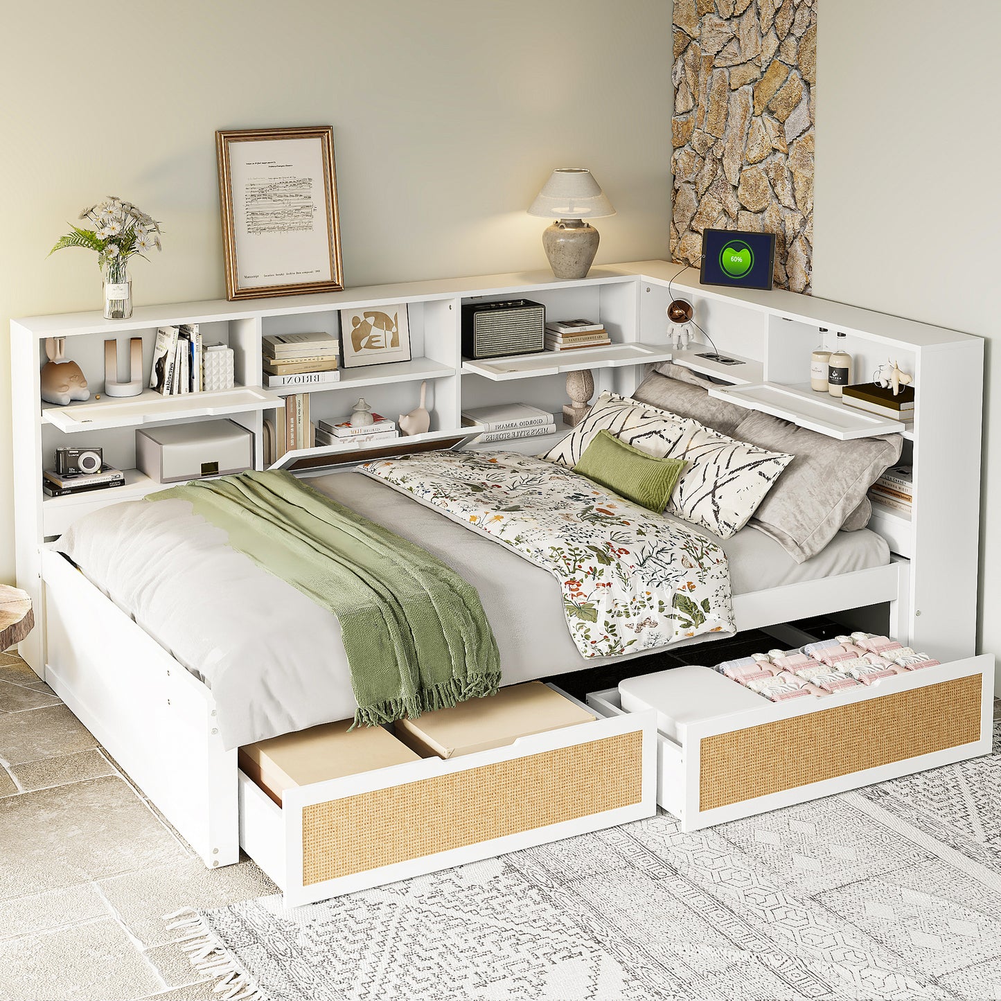 Solid Wood Sofa Bed 140x200 With Drawer Multifunctional Single Bed Cot With Many Storage Compartments And Charging Port White