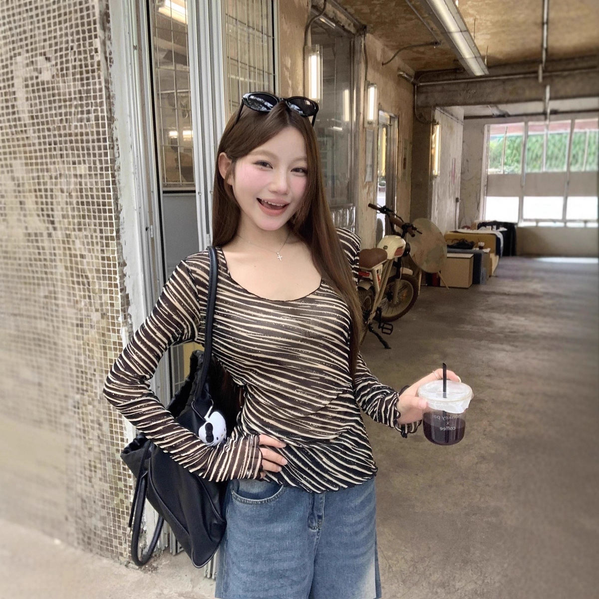 Women's Korean-style Color-block Striped Fashionable Versatile Top