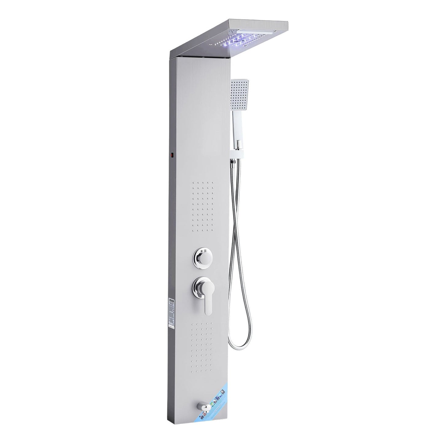 Shower Panel Tower System With Rainfall Waterfall Shower Head, LED, 53 In Brushed Stainless Steel Shower Column, 5-Function Faucet, Wall-Mount Rain Massage System, With Handheld, Tub Spout
