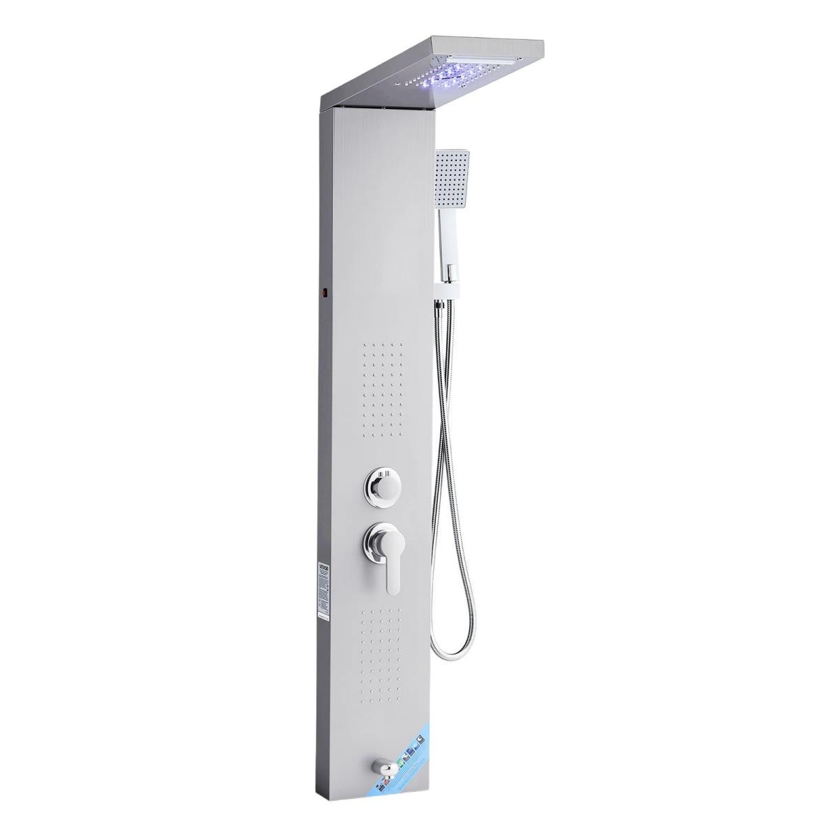 Shower Panel Tower System With Rainfall Waterfall Shower Head, LED, 53 In Brushed Stainless Steel Shower Column, 5-Function Faucet, Wall-Mount Rain Massage System, With Handheld, Tub Spout