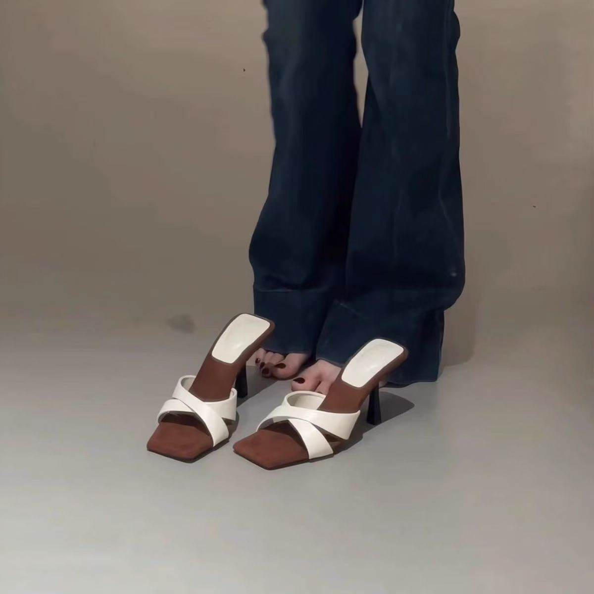 Elegant Socialite Style Cross Strap Open Toe Square Toe Slides For Women, French Stunning 7cm Stiletto High Heels For Summer Outdoor Wear