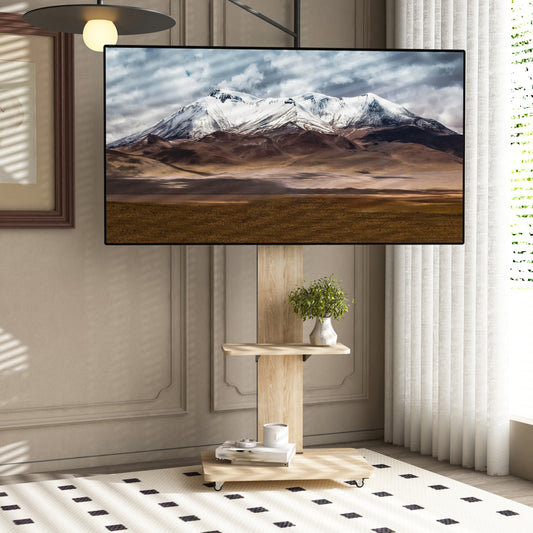 TV Stand With Shelf For Living Room, Bedroom,Offices,Mobile TV Cart For 32-75 Inches,Floor Stand With Mount On Lockable Wheels,Natural