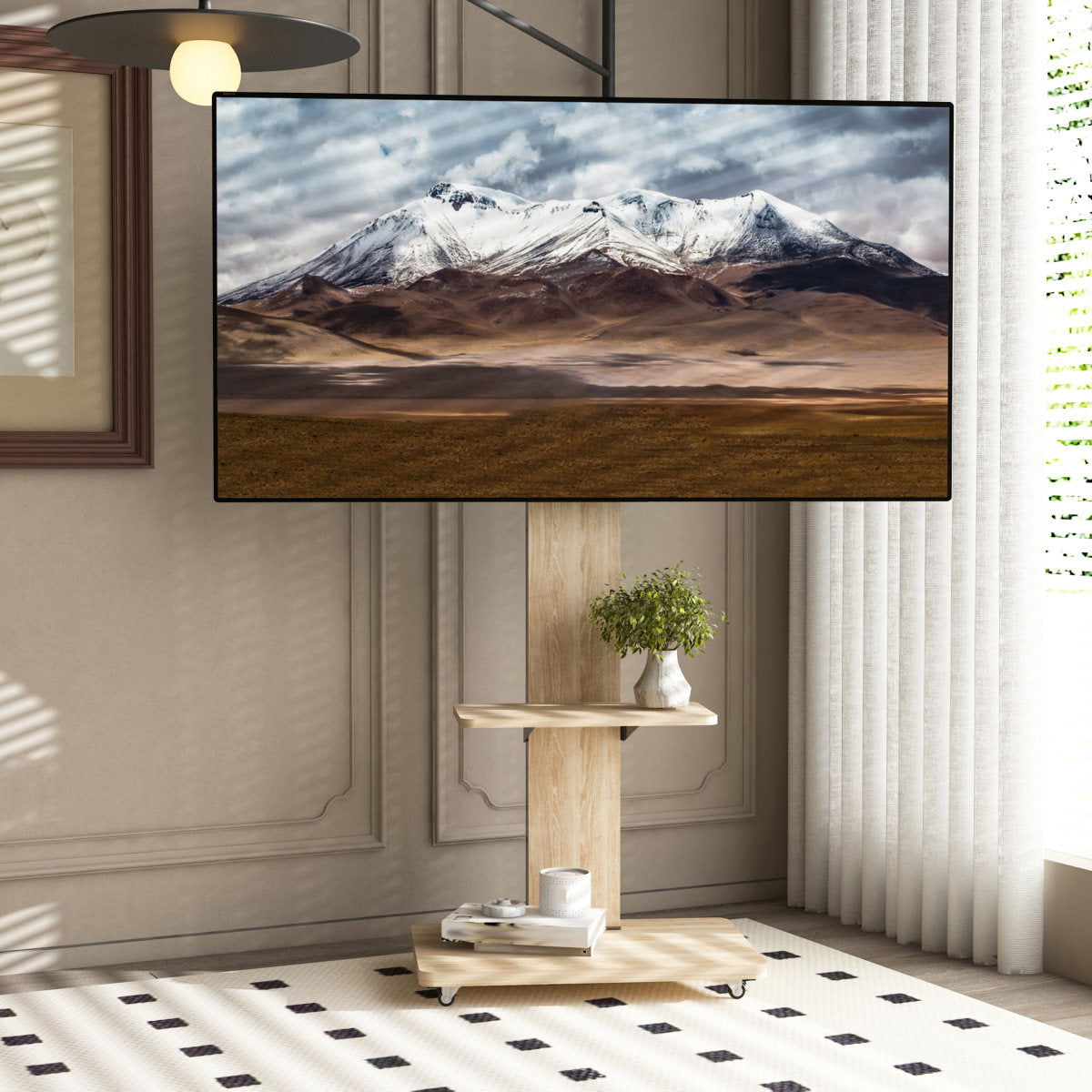TV Stand With Shelf For Living Room, Bedroom,Offices,Mobile TV Cart For 32-75 Inches,Floor Stand With Mount On Lockable Wheels,Natural