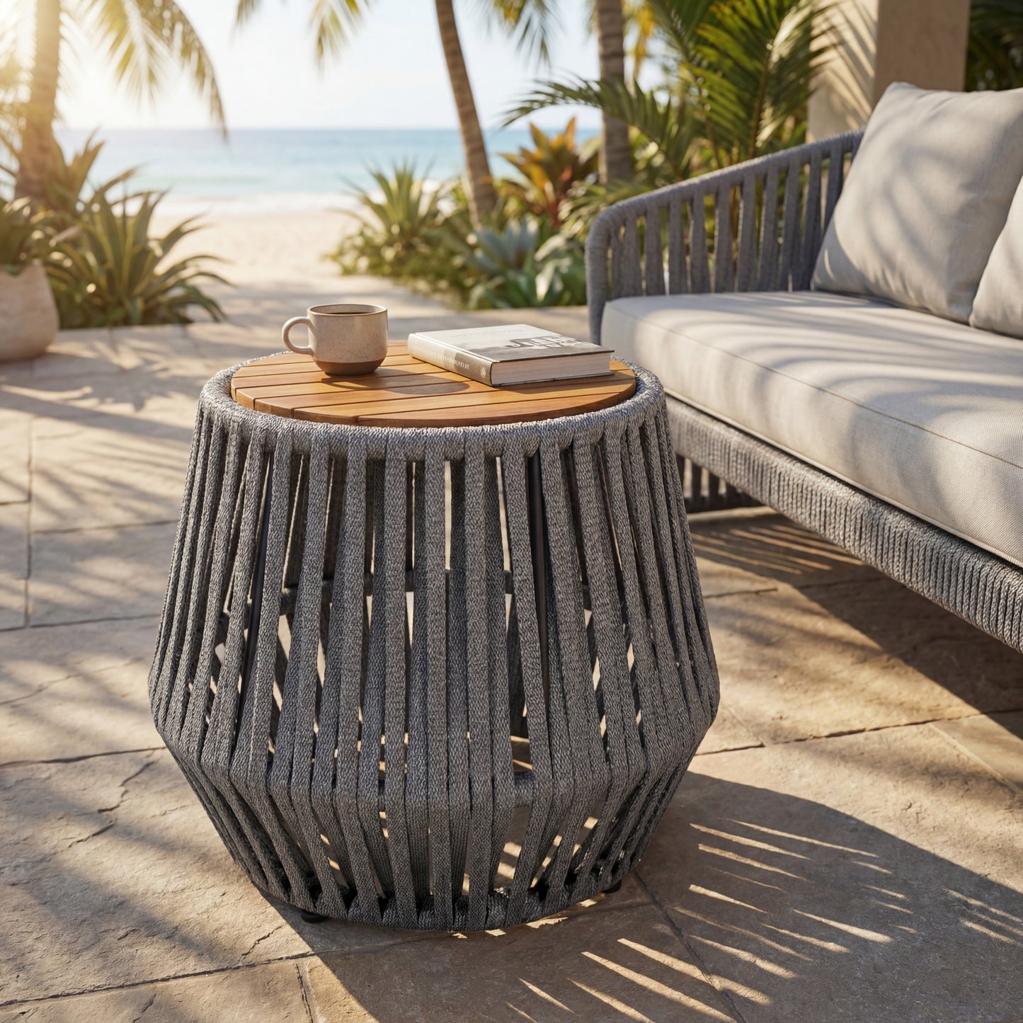 Outdoor Side Table With Rope And Acacia Wood - Teak Finish, 100 LBS Capacity, Weather-Resistant, Grey Rope Design