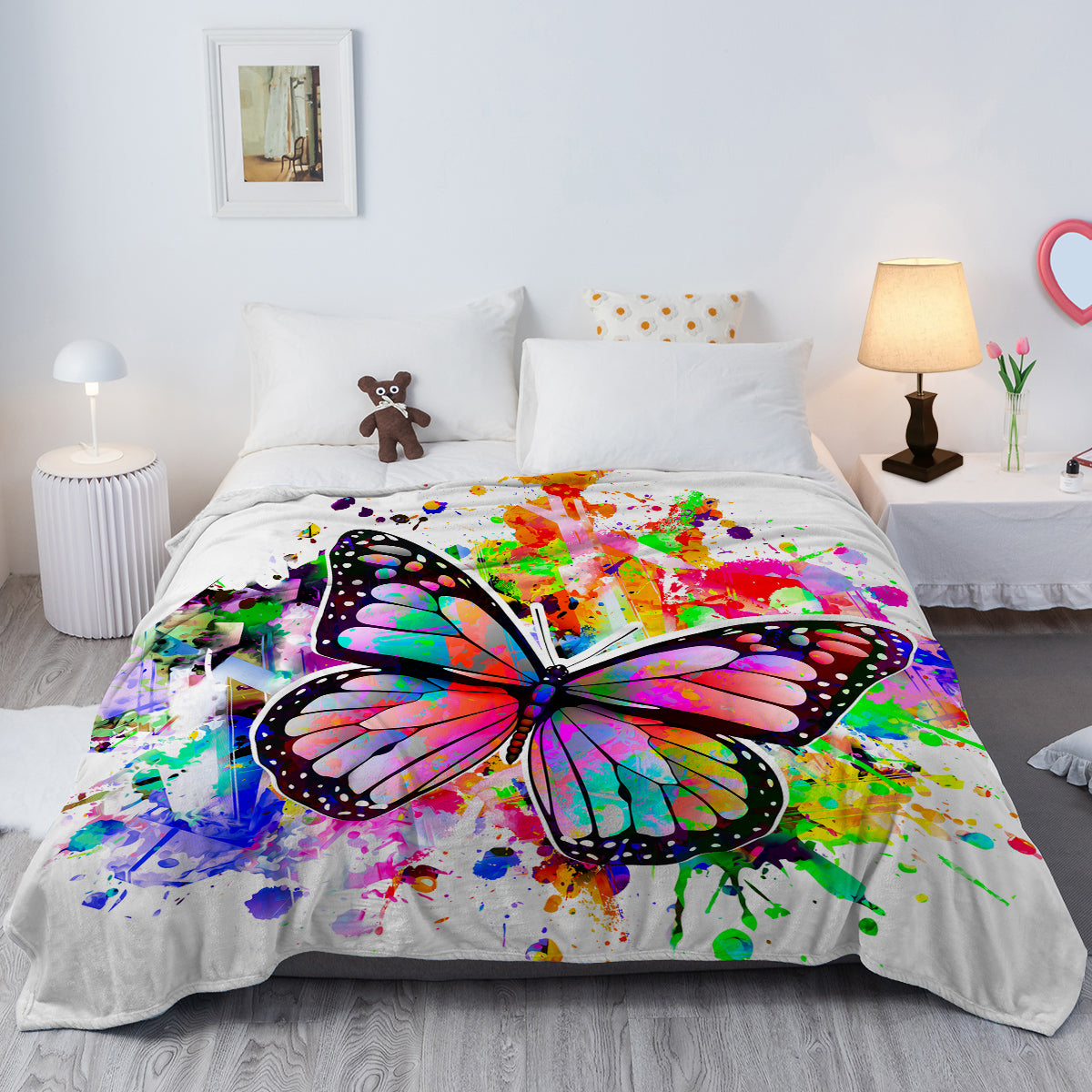 Colorful Butterfly Throw Blanket Watercolor Animal Butterfly Blankets Soft Flannel Throw, Gifts For Butterfly Lovers,Lightweight Flannel Throw Blankets