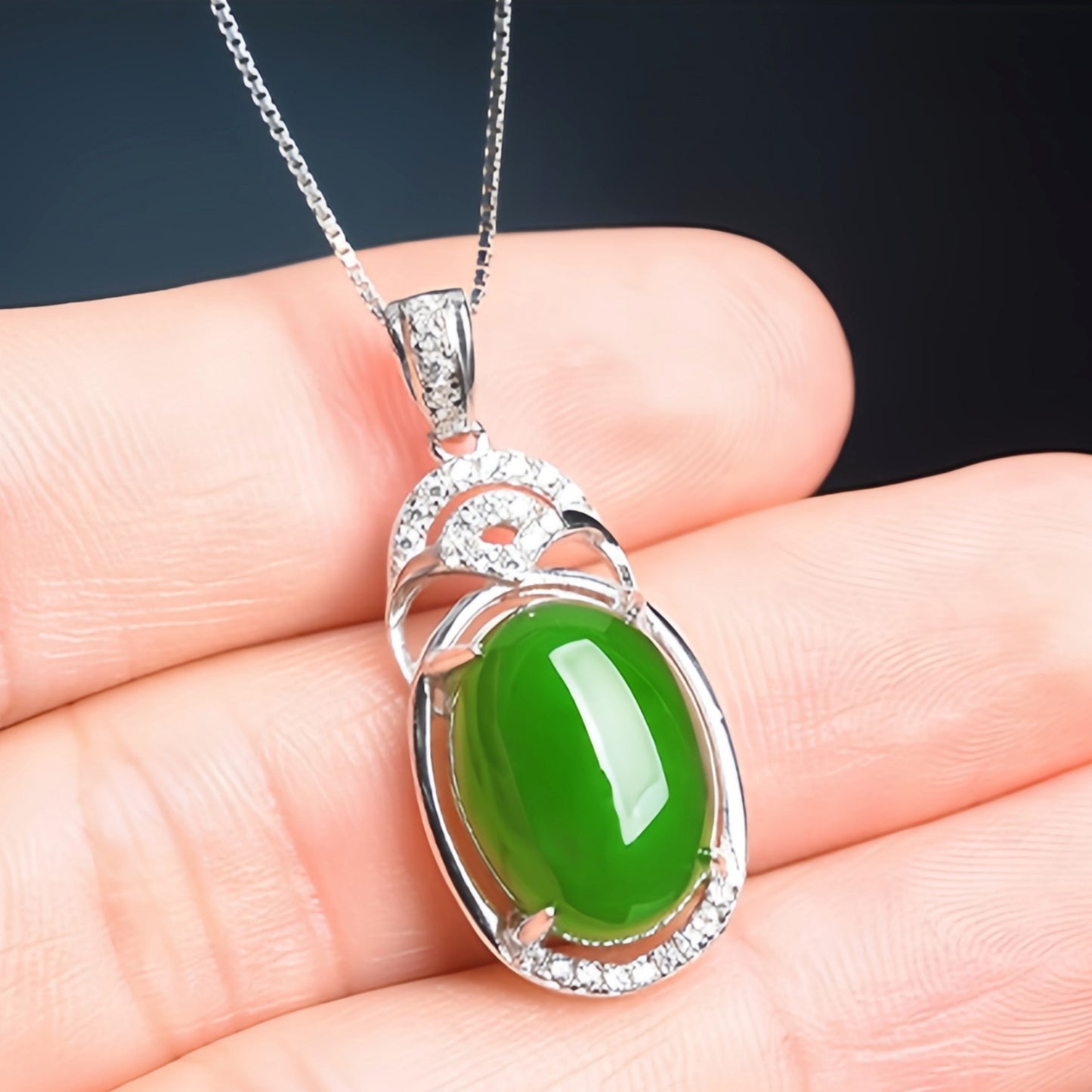 Korean-style 925-plated Silver Inlaid Hotan Jasper Spinach Green Jade Pendant Drop-shaped Charm Green Chalcedony Pendant