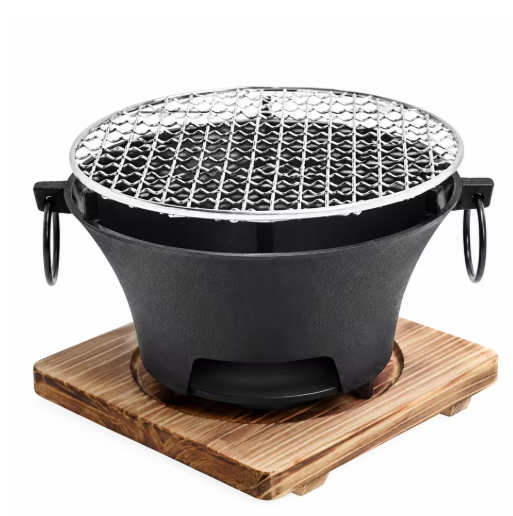 KL1 Portable Charcoal Grill Mini Tabletop BBQ Cast Iron Body Stainless Steel Removable Grill Net Heat Resistant Wooden Base Silver Carry Rings