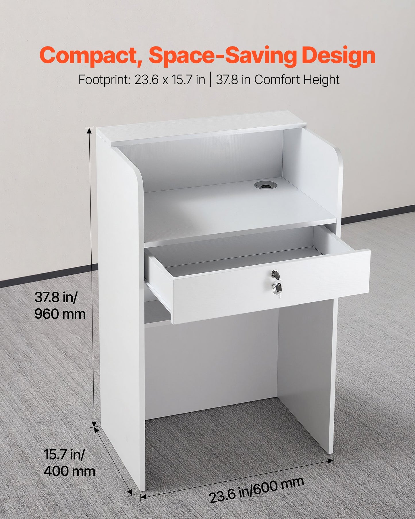 Reception Desk, 23.6 Inch Rectangular Front Counter Table, Modern Office Reception Desk With Drawer, Small Minimalist Retail Counter Table For Checkout, Lobby, Beauty Salon And Office, White