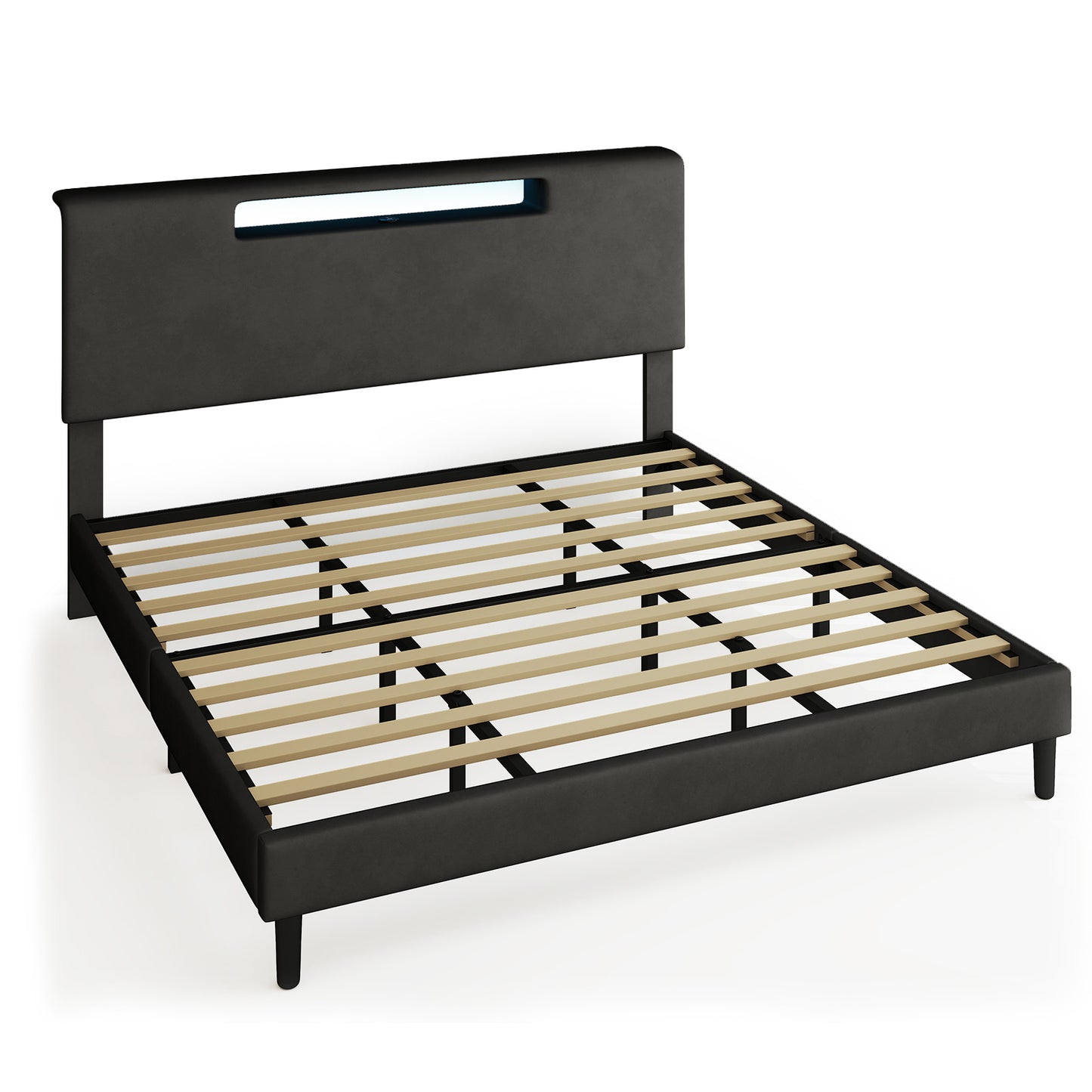 King Size Bed Frame With Charging Station And Adjustable LED Light Wood Slat Support Bed Frame With Upholstered Headboard No Box Spring Needed Easy Assembly