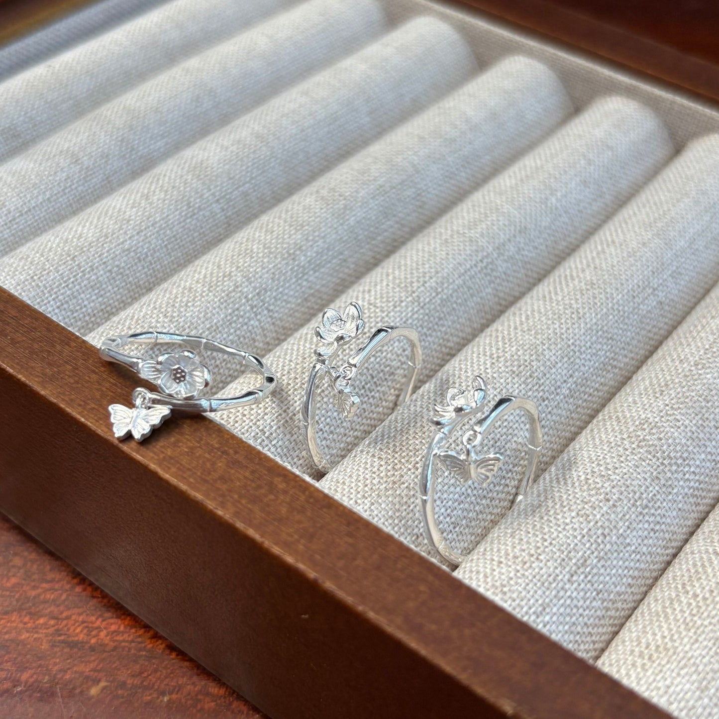 1pc 999 Sterling Silver Bamboo Flower And Butterfly Charm Open Ring, Fresh Style, Perfect For Daily Wear And Valentine's Gift