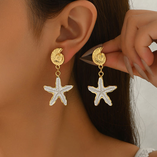 European American Cross-border Women Earrings, Geometric Oil Drip Starfish & Shell Stud Earrings, Premium Texture Versatile Ocean Style Daily Ear Accessories